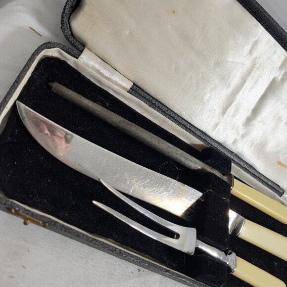 Antique 3 Pc Carving Set Box Celluloid Handles Sheffield corporate mark - Picture 4 of 9